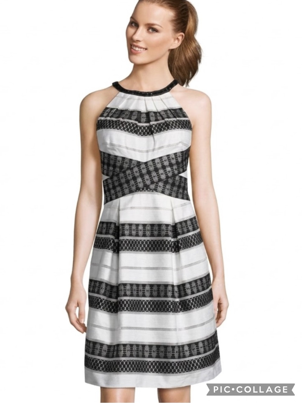 Adrianna Papell Dress 16 Striped Burnout A-Line White Back Halter Classic